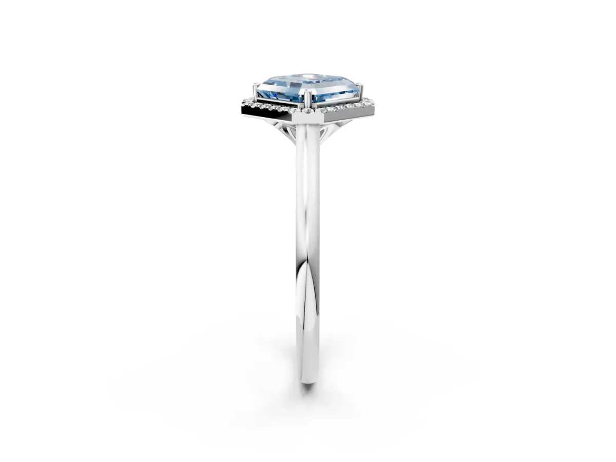 Fancy Blue Asscher Cut Halo Round Diamond Solitaire Engagement Ring with Pave Band and Four-Prong Setting Platinum