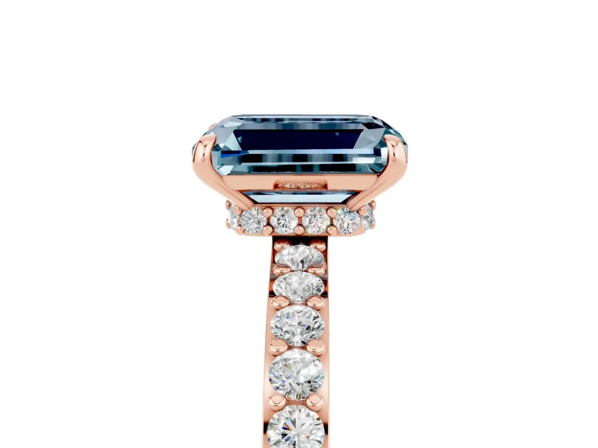 Emerald Cut Aquamarine Solitaire Engagement Ring with Pavé Band and Four-Prong Setting Rose gold