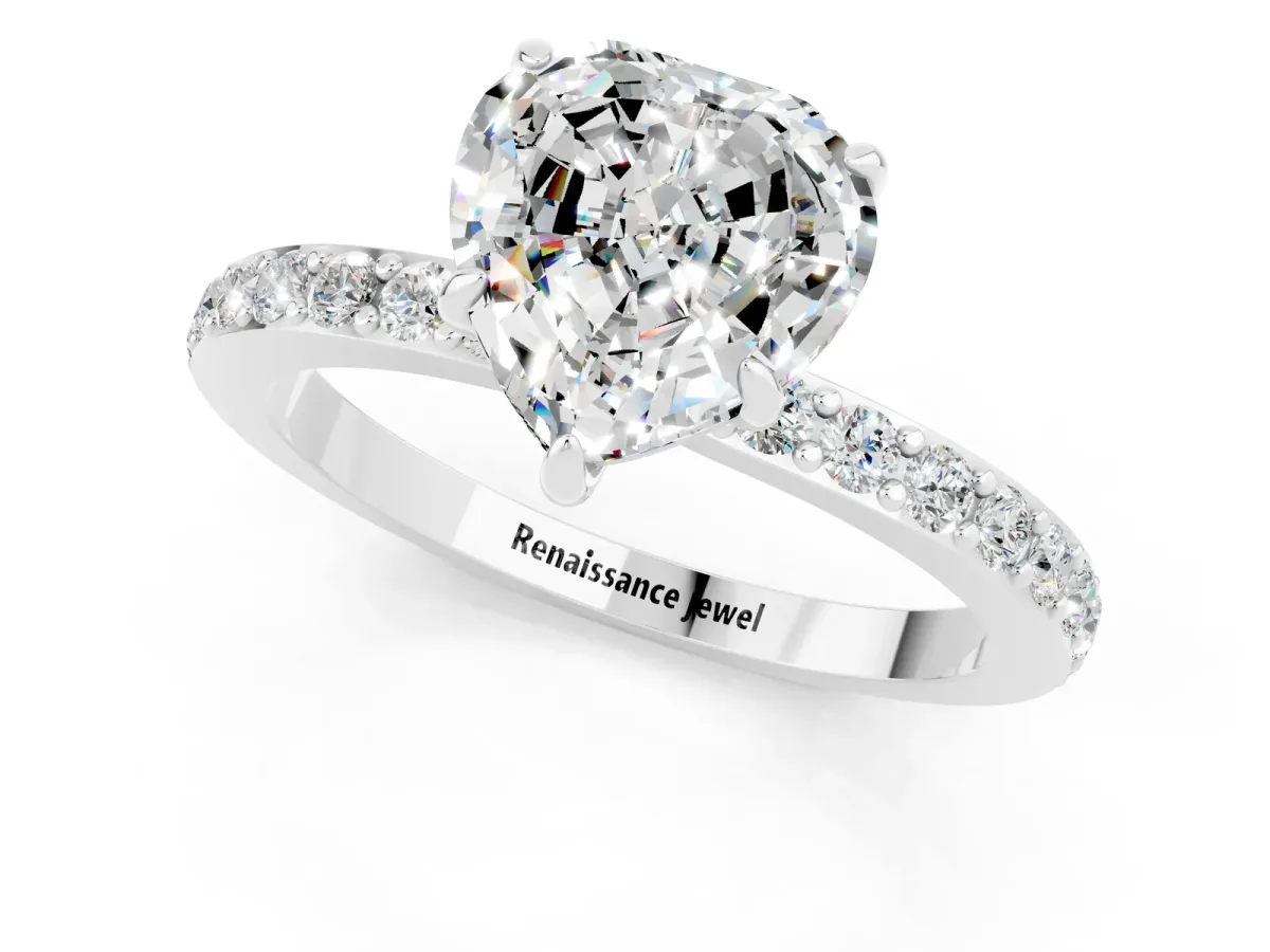 Heart Cut Moissanite Solitaire Engagement Ring with Pavé Band and Four-Prong Setting White gold