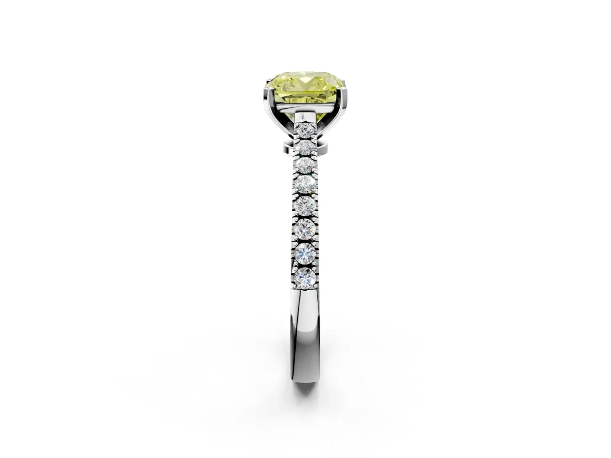 Fancy Yellow Cushion Cut Cut Solitaire Diamond Engagement Ring with Pave Band and Four-Prong Setting White gold