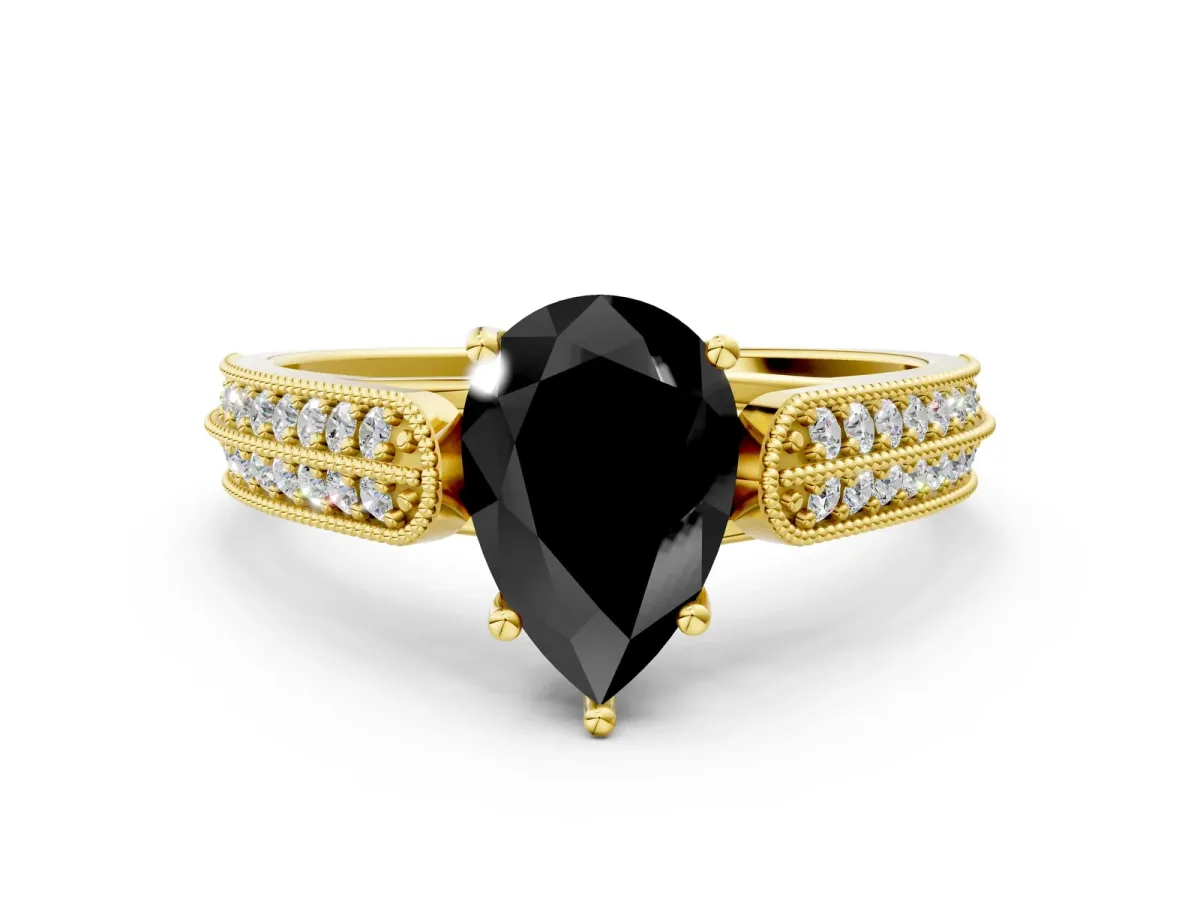 Fancy Black Pear Cut Cut Pave Split Shank Engagement Ring with Four-Prong Setting Yellow gold