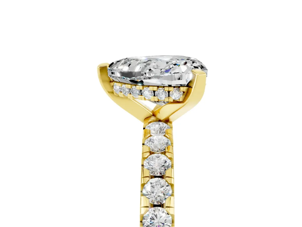 Heart Cut Moissanite Solitaire Ring with Round Pavé Band and Four-Prong Setting Yellow gold