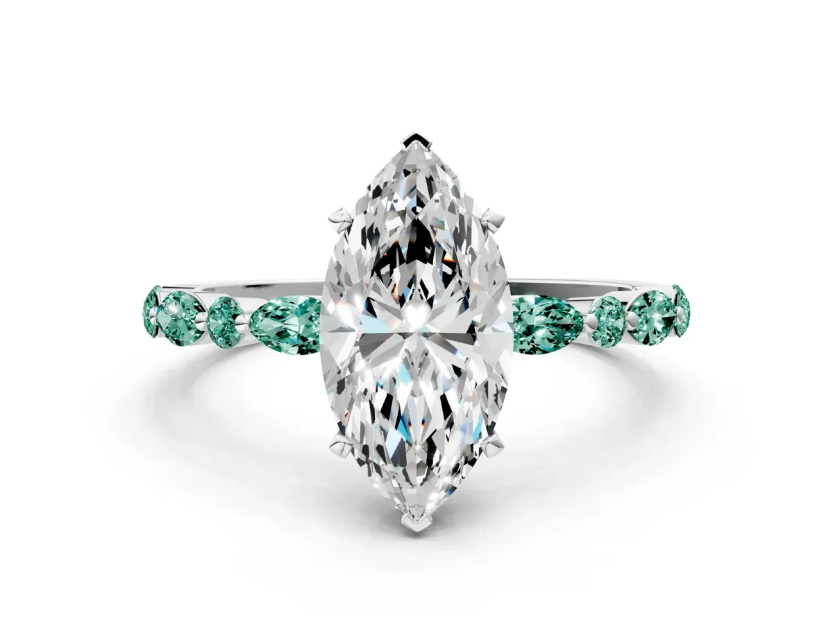 Marquise Cut Diamond Ring with Marquise and Round Green Sapphire Side Stones and Four-Prong Setting Platinum
