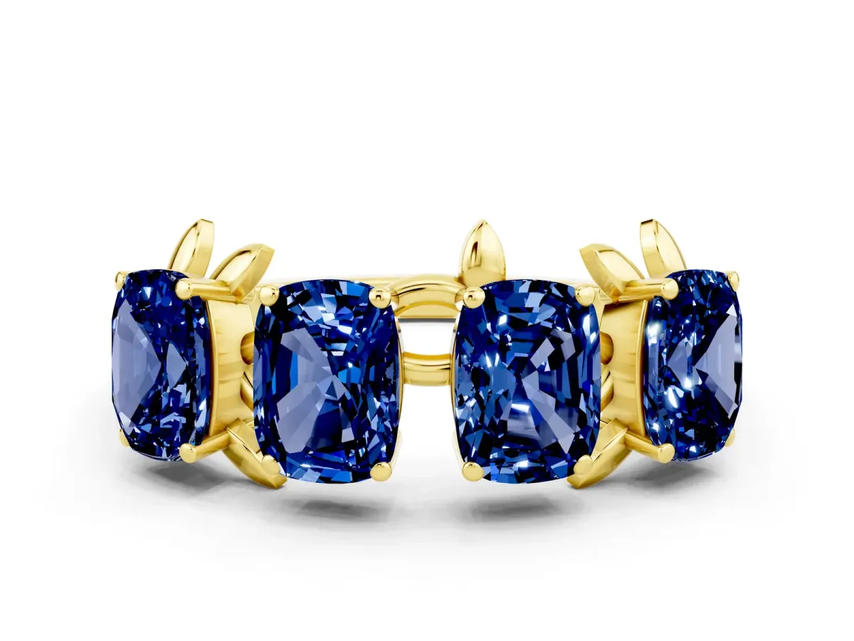 Four-Stone Elongated Cushion Blue Sapphire Band with Nature-Inspired Prong Setting Yellow gold