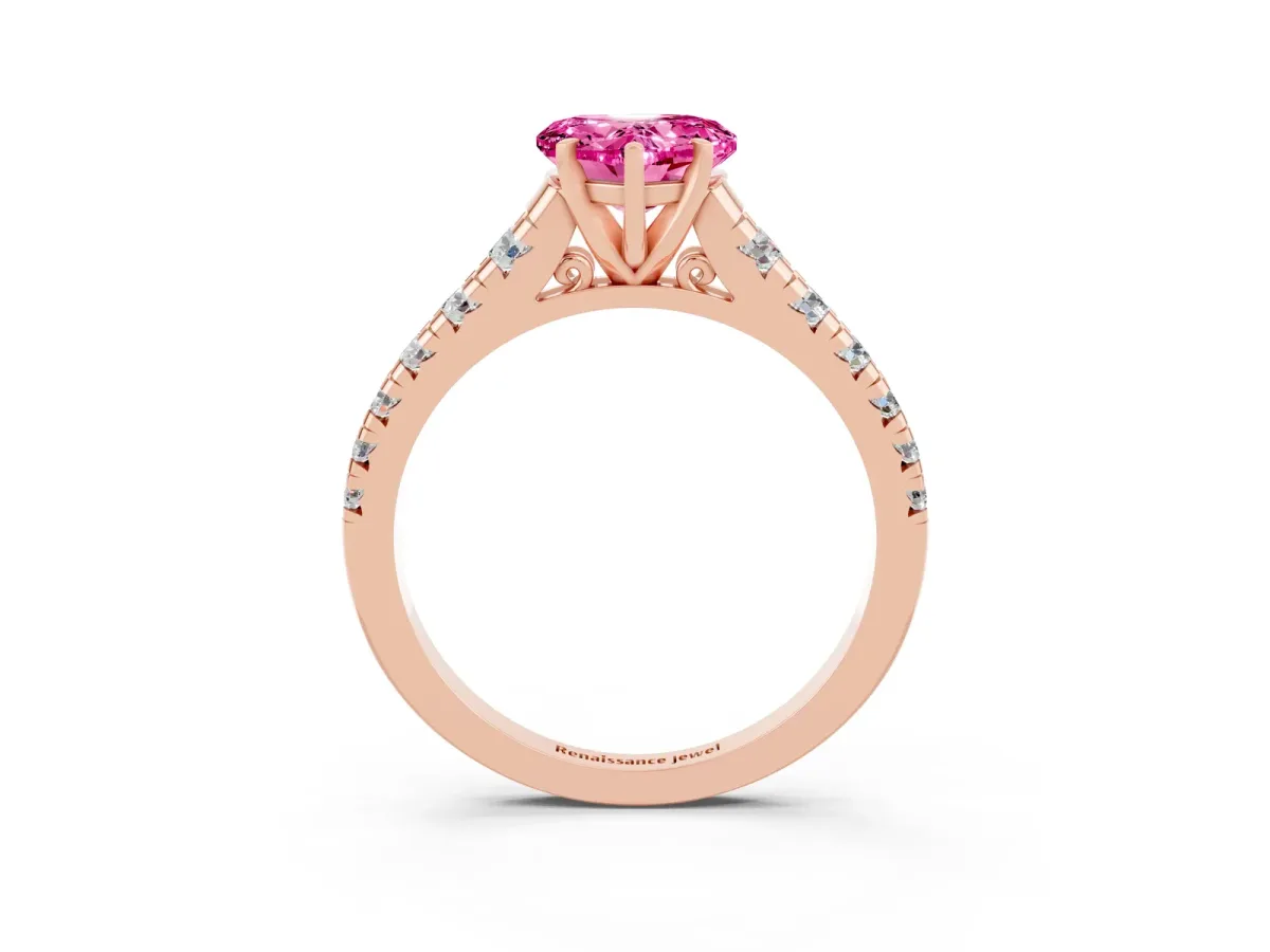 Heart Cut Pink Sapphire Cathedral Solitaire Ring with Round Pavé Band Rose gold
