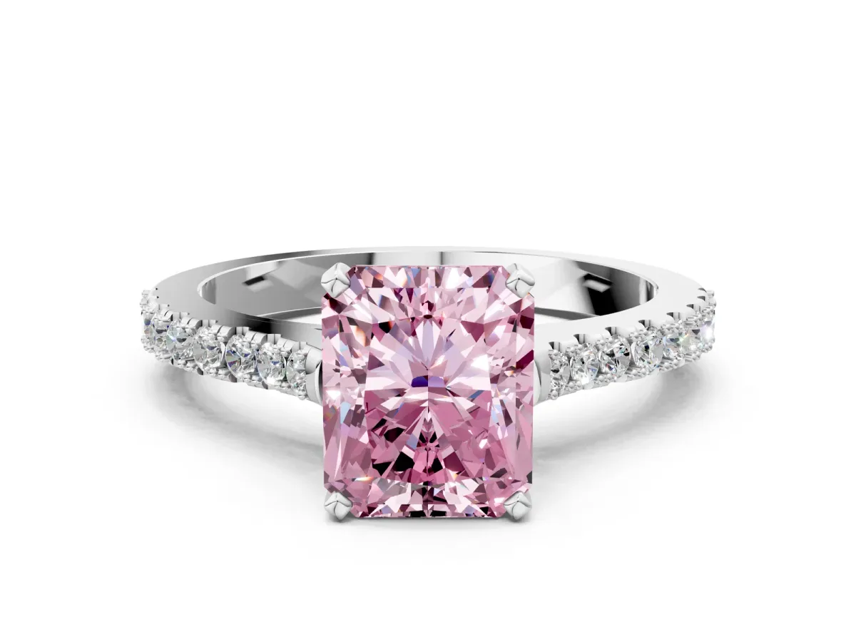 Fancy Pink Radiant Cut Cut Solitaire Diamond Engagement Ring with Pave Band and Four-Prong Setting White gold