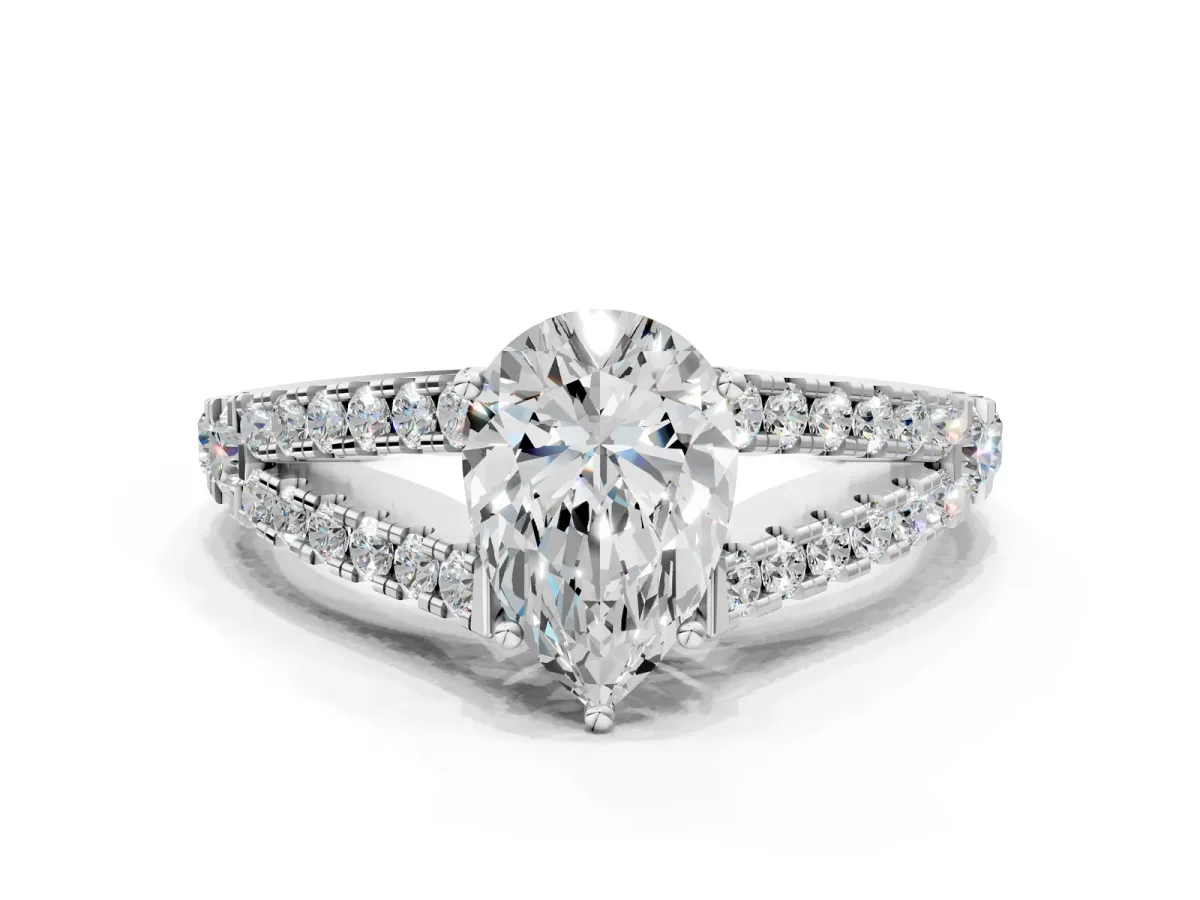 Pear Cut Diamond Split Shank Engagement Ring with Round Pavé and Prong Setting Platinum