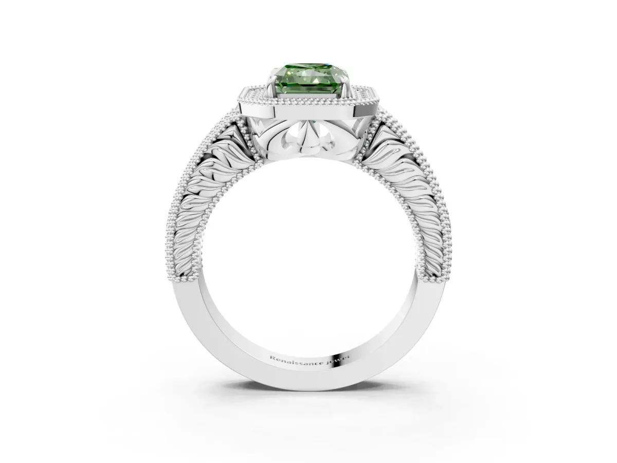 Fancy Green Radiant Cut Cut Halo Diamond Ring with Pavé Band and Four-Prong Setting Platinum