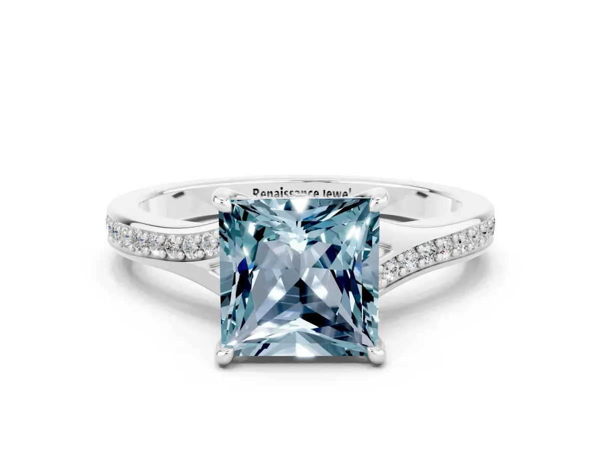 Princess Cut Aquamarine Solitaire Ring with Pavé Band and Prong Setting Silver