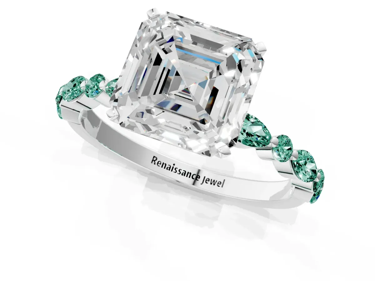Asscher Cut Diamond Ring with Marquise and Round Green Sapphire Side Stones and Four-Prong Setting White gold