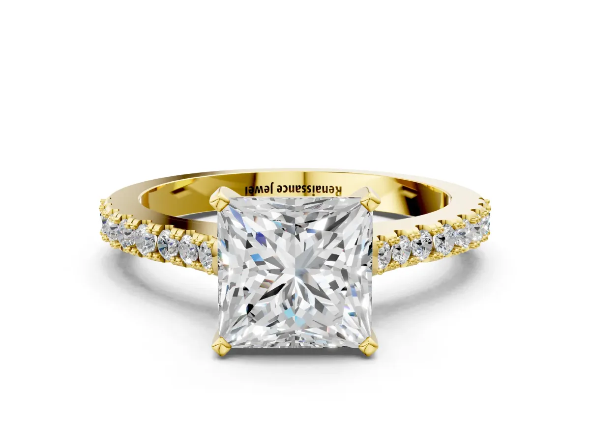 Princess Cut Cut Solitaire Diamond Engagement Ring with Pave Band and Four-Prong Setting Yellow gold