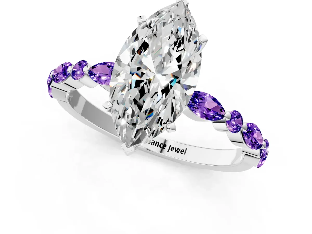 Marquise Cut Diamond Ring with Marquise and Round Tanzanite Side Stones and Four-Prong Setting White gold