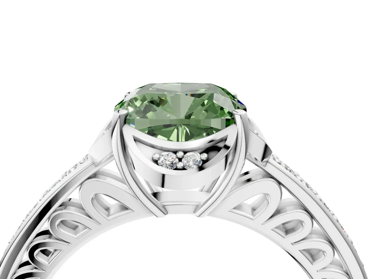 Fancy Green Cushion Cut Cut Halo Diamond Ring with Channel Set Band and Four-Prong Setting White gold