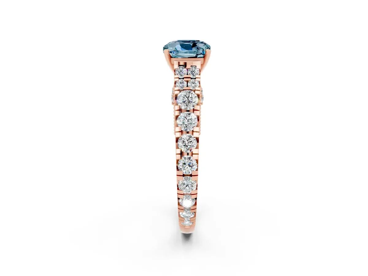 Cushion Cut Aquamarine Classic Solitaire Ring with Pavé Band and Four-Prong Setting Rose gold