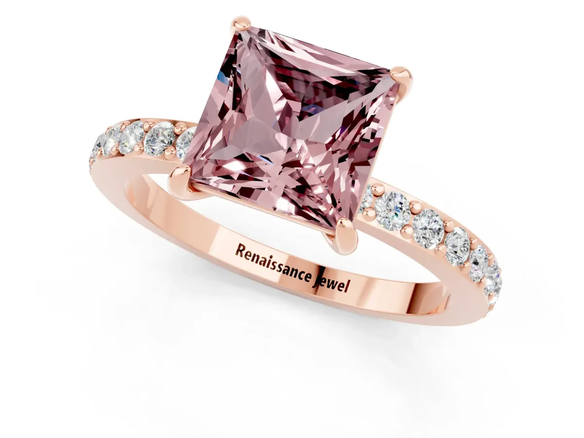 Princess Cut Morganite Solitaire Engagement Ring with Pavé Band and Four-Prong Setting Rose gold
