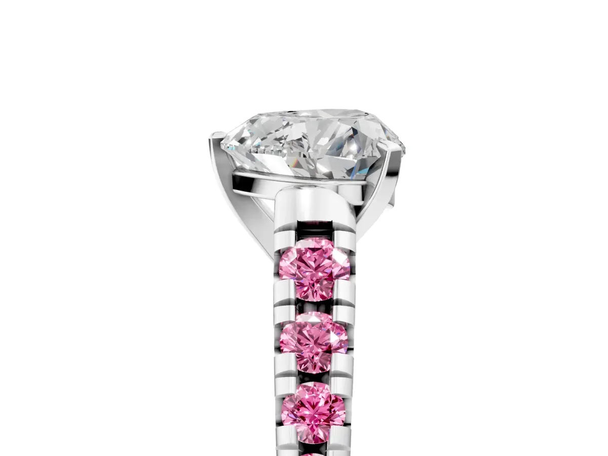 Heart Cut Diamond Cathedral Solitaire Ring with Round Pink Sapphire Pavé Band White gold