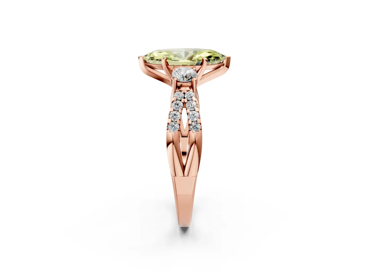 Fancy Yellow Marquise Cut Diamond Three-Stone Ring with Pavé Split Shank and Four-Prong Setting Rose gold