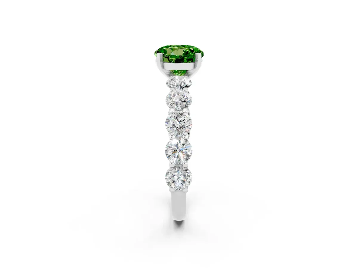 Round Cut Peridot Prong Setting with Side Stones on a Pave Band Platinum