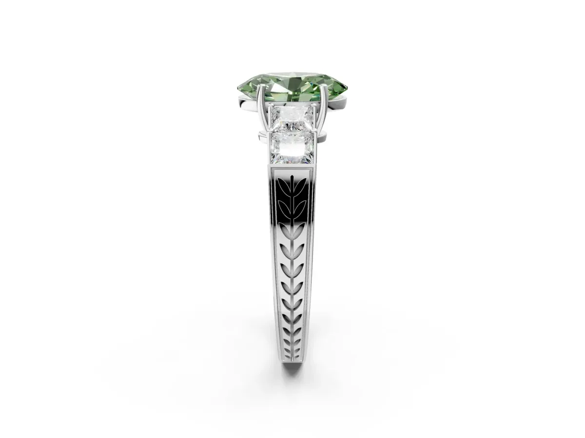 Fancy Green Oval Cut Solitaire Princess Side Stone Engraved Band Prong Setting Ring Platinum
