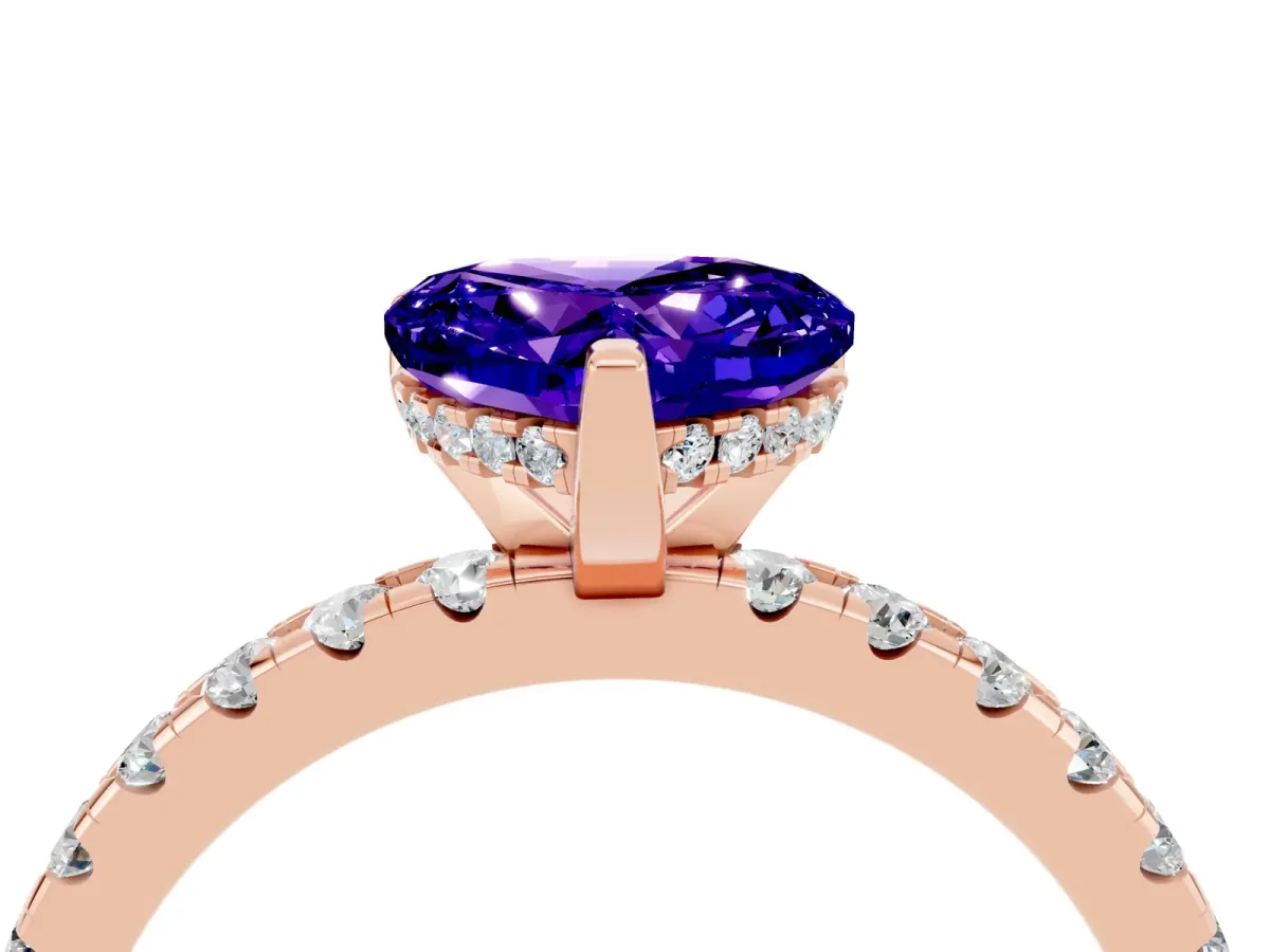 Heart Cut Tanzanite Solitaire Ring with Round Pavé Band and Four-Prong Setting Rose gold