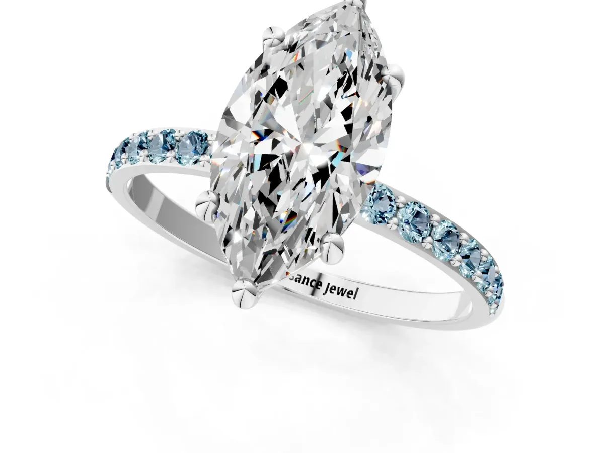 Marquise Cut Diamond Solitaire Ring with Round Aquamarine Pavé Band and Prong Setting White gold