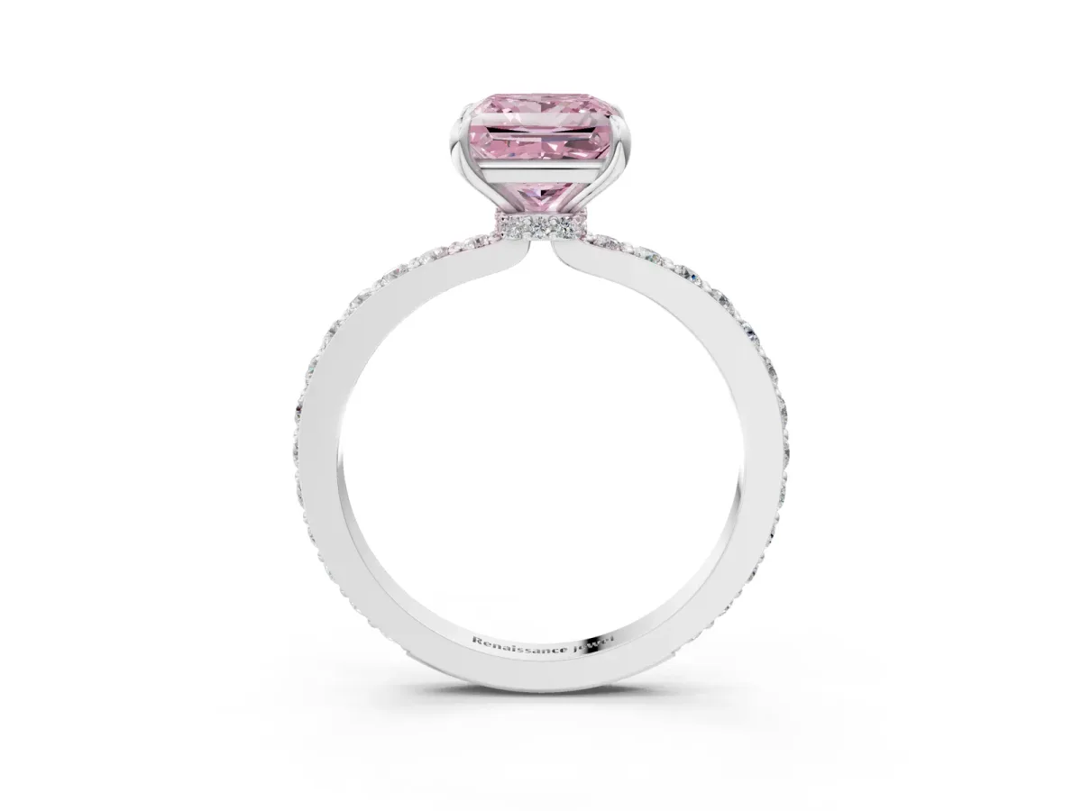 Fancy Pink Princess Cut Diamond Solitaire Engagement Ring with Pavé Band and Four-Prong Setting White gold