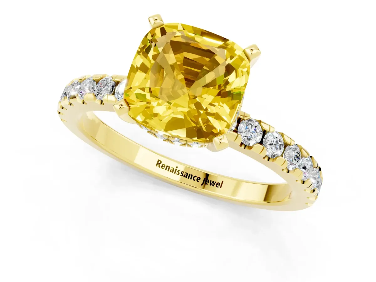 Cushion Cut Yellow Sapphire Solitaire Ring with Round Pavé Band and Four-Prong Setting Yellow gold
