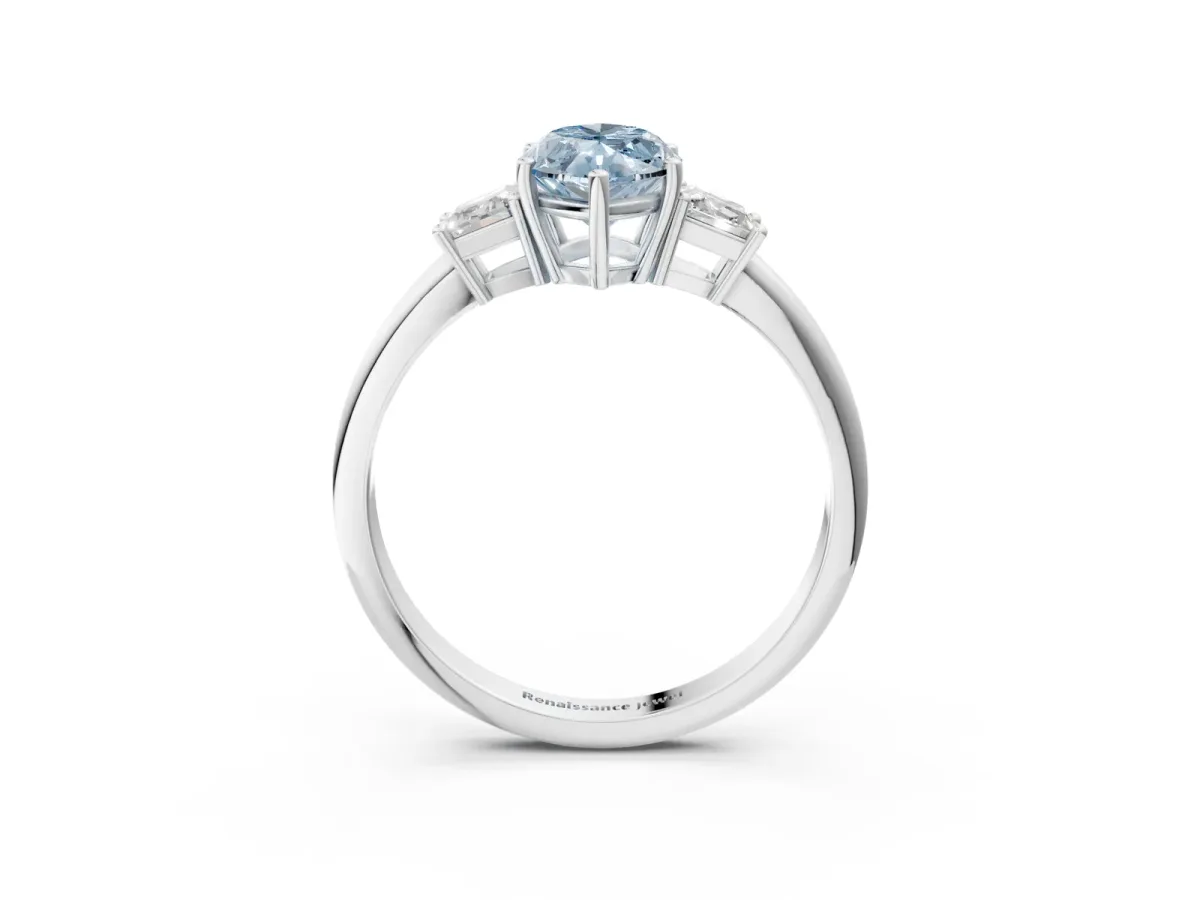 Fancy Blue Marquise Cut Diamond Three-Stone Ring with Trapezoid Side Stones and Prong Setting Platinum