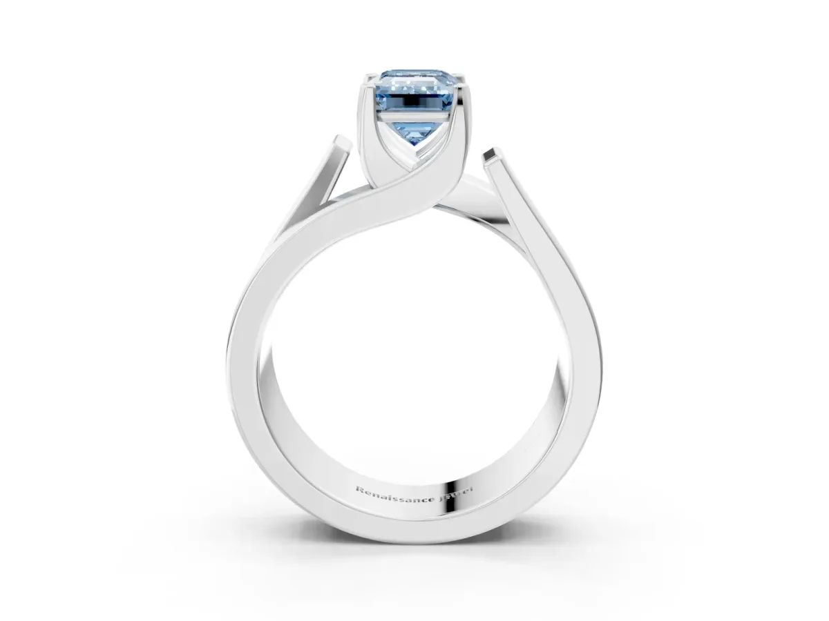 Fancy Blue Modern Tension Set Emerald Cut Diamond Solitaire Wide Band Ring Platinum
