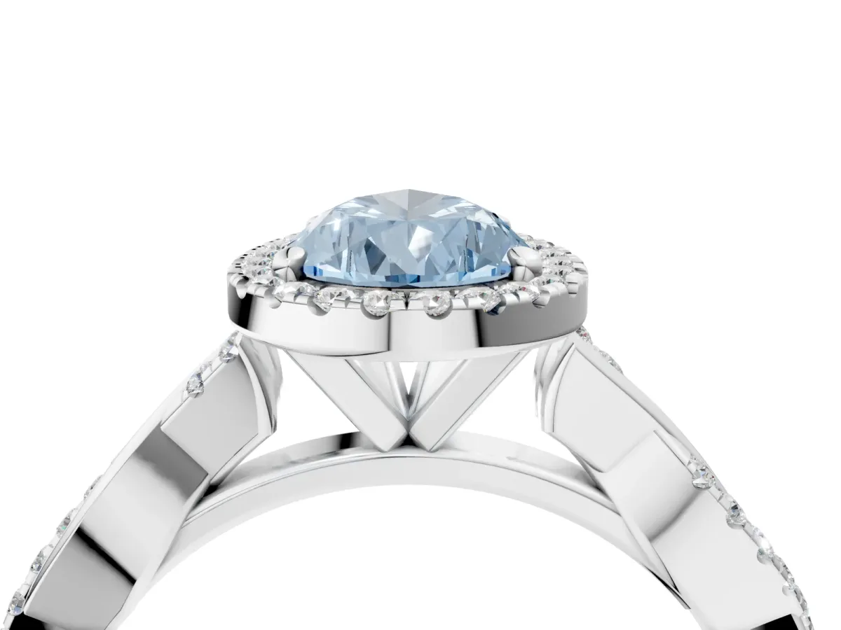 Fancy Blue Pear Cut Cut Halo Twisted Band Four-Prong Ring Platinum