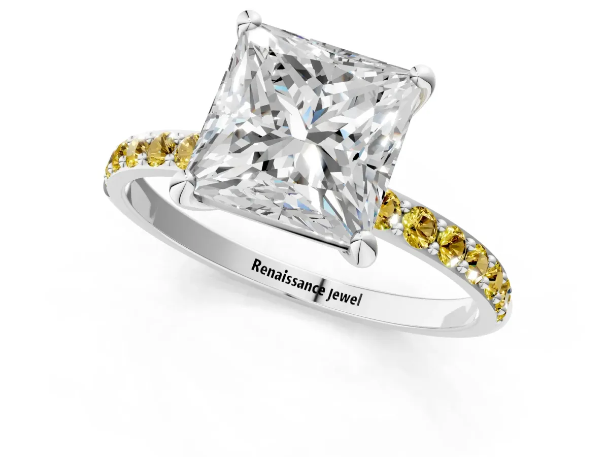 Princess Cut Diamond Solitaire Ring with Round Yellow Sapphire Pavé Band and Prong Setting White gold