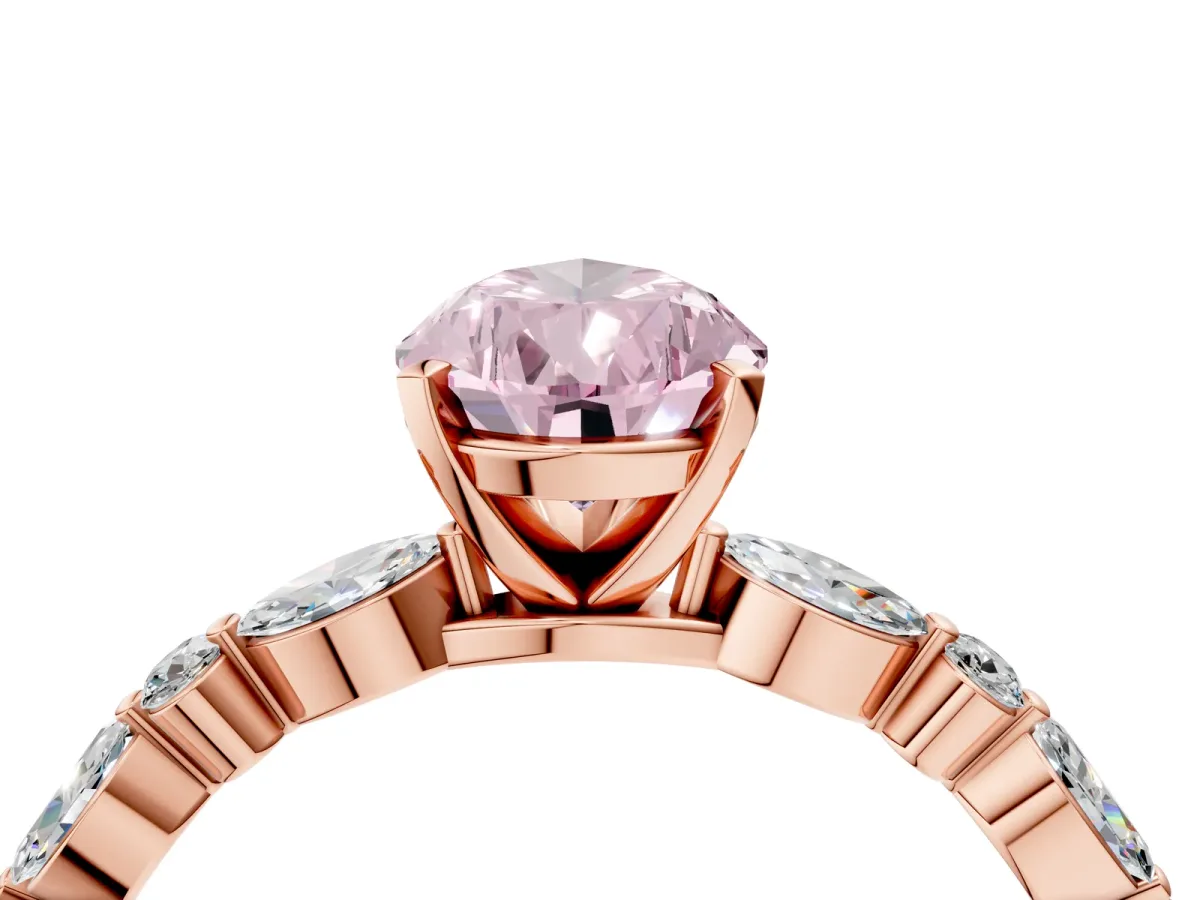 Fancy Pink Pear Cut Diamond Ring with Marquise and Round Side Stones and Four-Prong Setting Rose gold