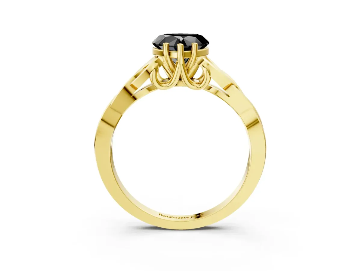 Fancy Black Heart Cut Diamond Solitaire Engagement Ring with Celtic Knot Band and Four-Prong Setting Yellow gold
