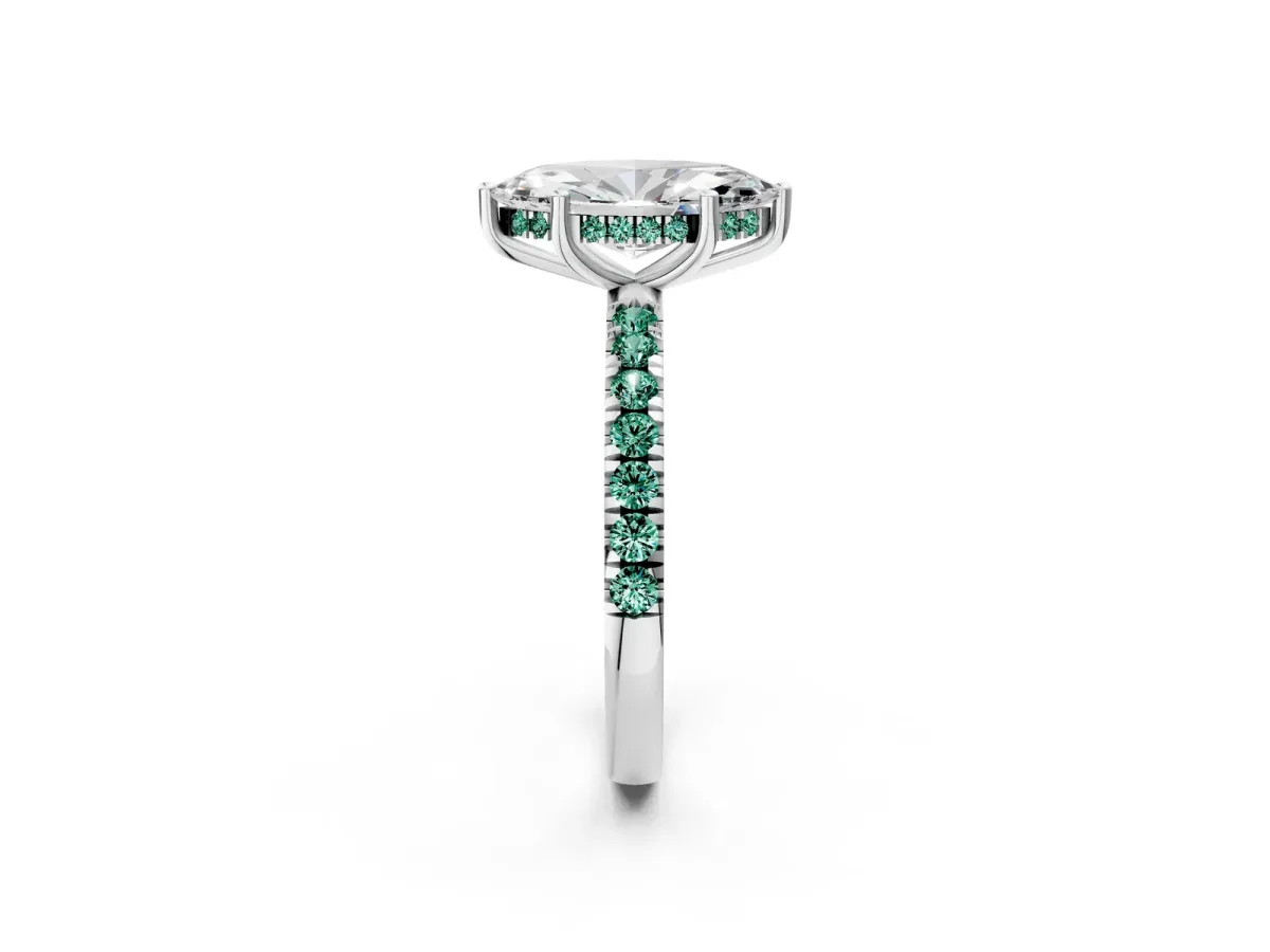 Marquise Cut Diamond Pave Band Solitaire Ring with Round Green Sapphire and Prong Setting White gold