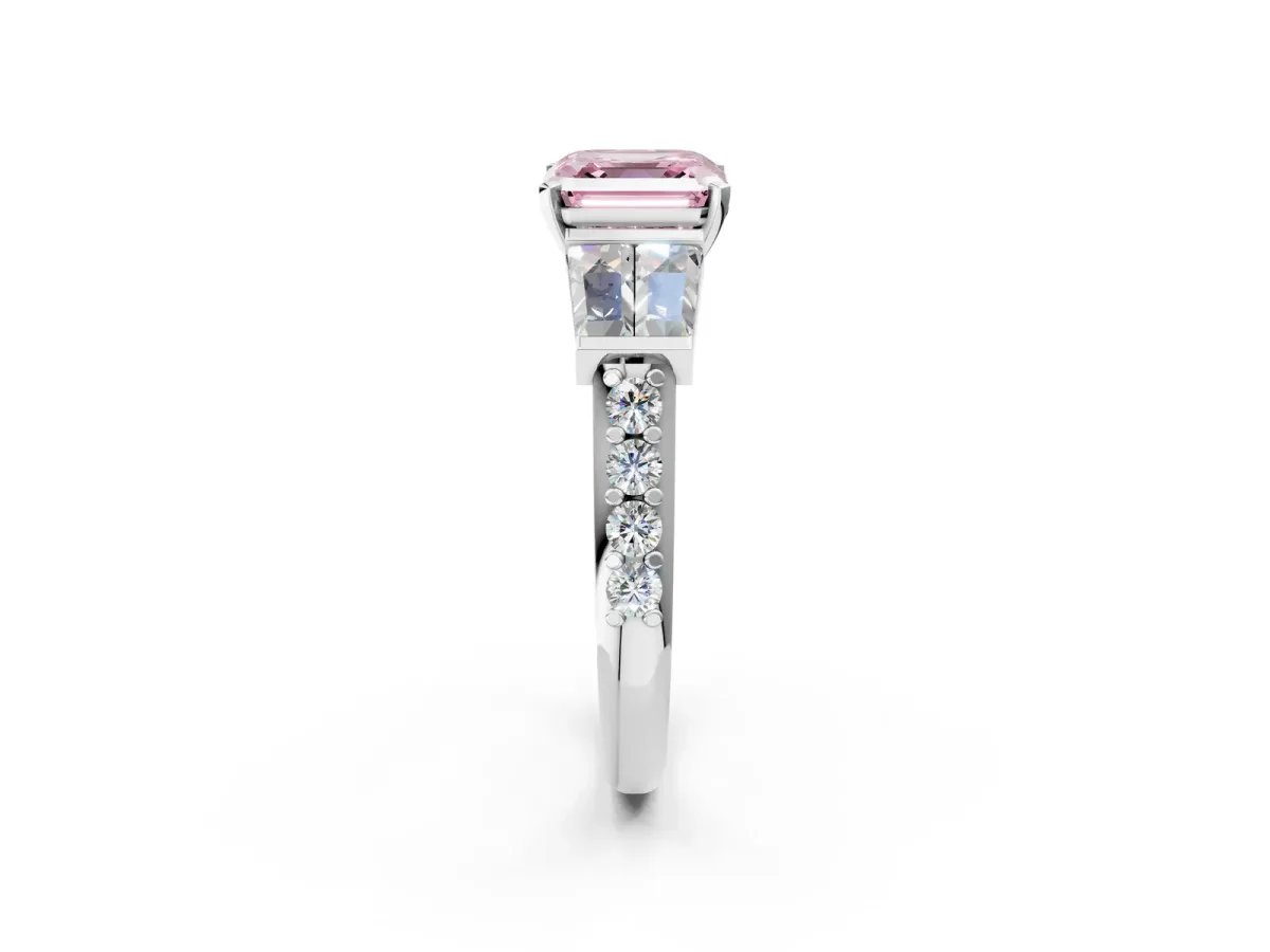 Fancy Pink Asscher Cut Diamond Engagement Ring with Baguette Side Stones and Channel Set Band Platinum