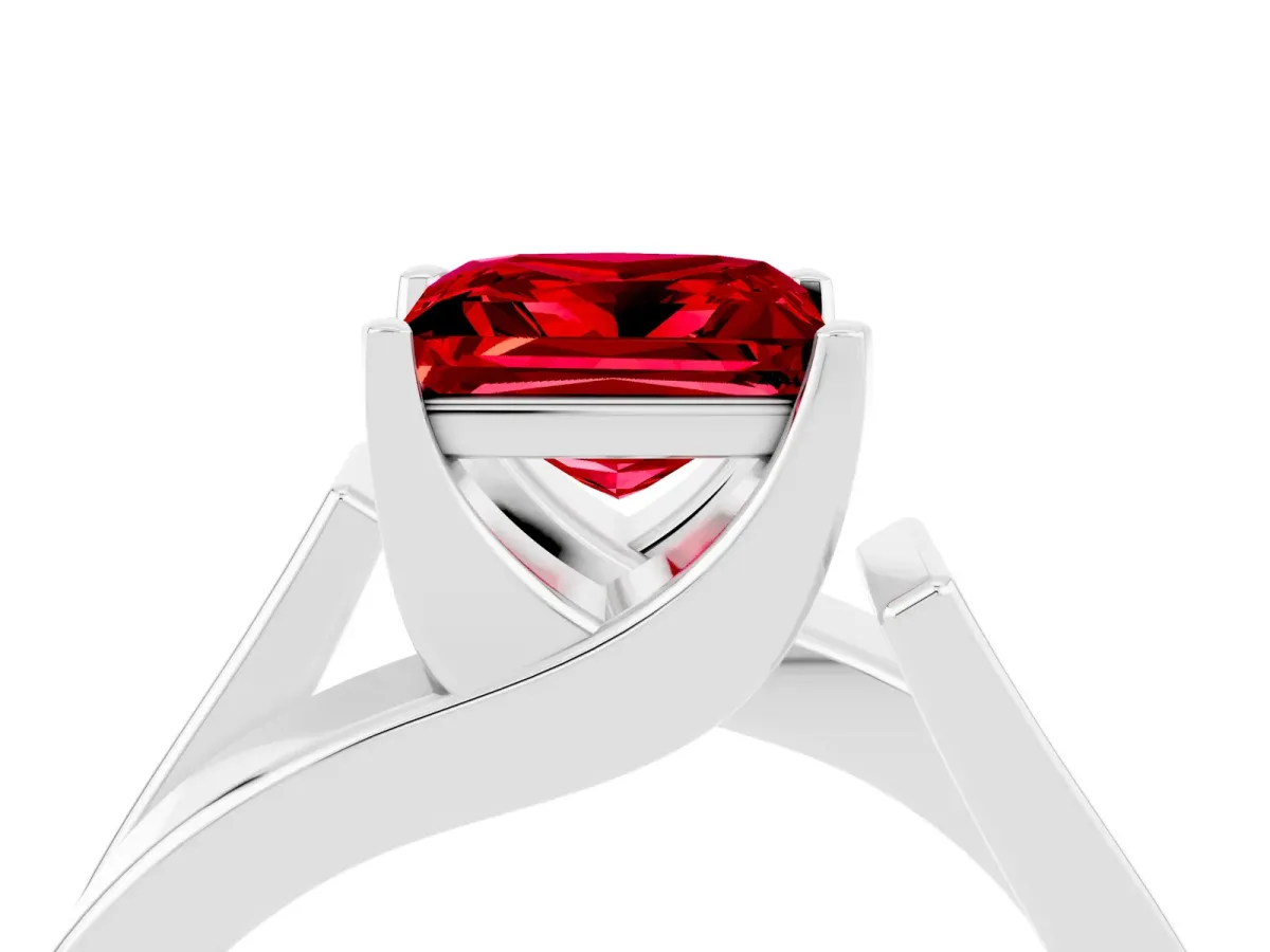 Modern Tension Set Princess Cut Ruby Solitaire Wide Band Ring Silver