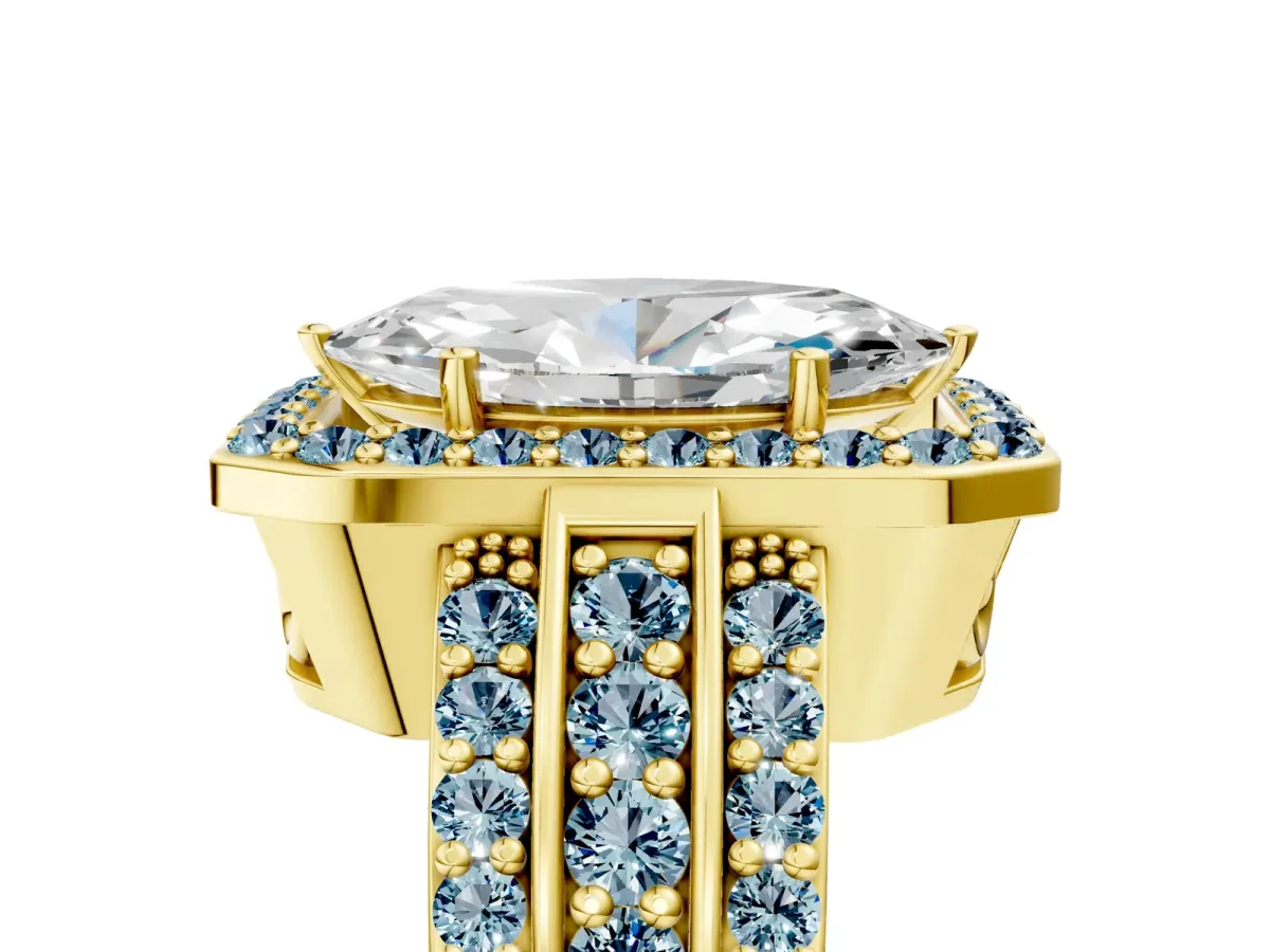 Marquise Cut Halo Diamond Ring with Round Aquamarine Split Shank and Prong Setting Yellow gold