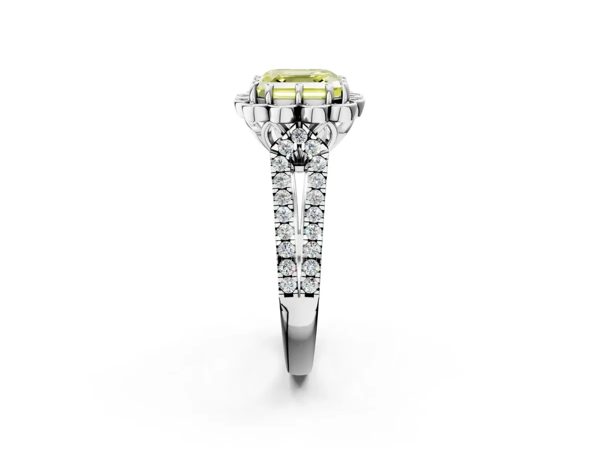 Fancy Yellow Asscher Cut Halo Diamond Floral Split Shank Engagement Ring Platinum