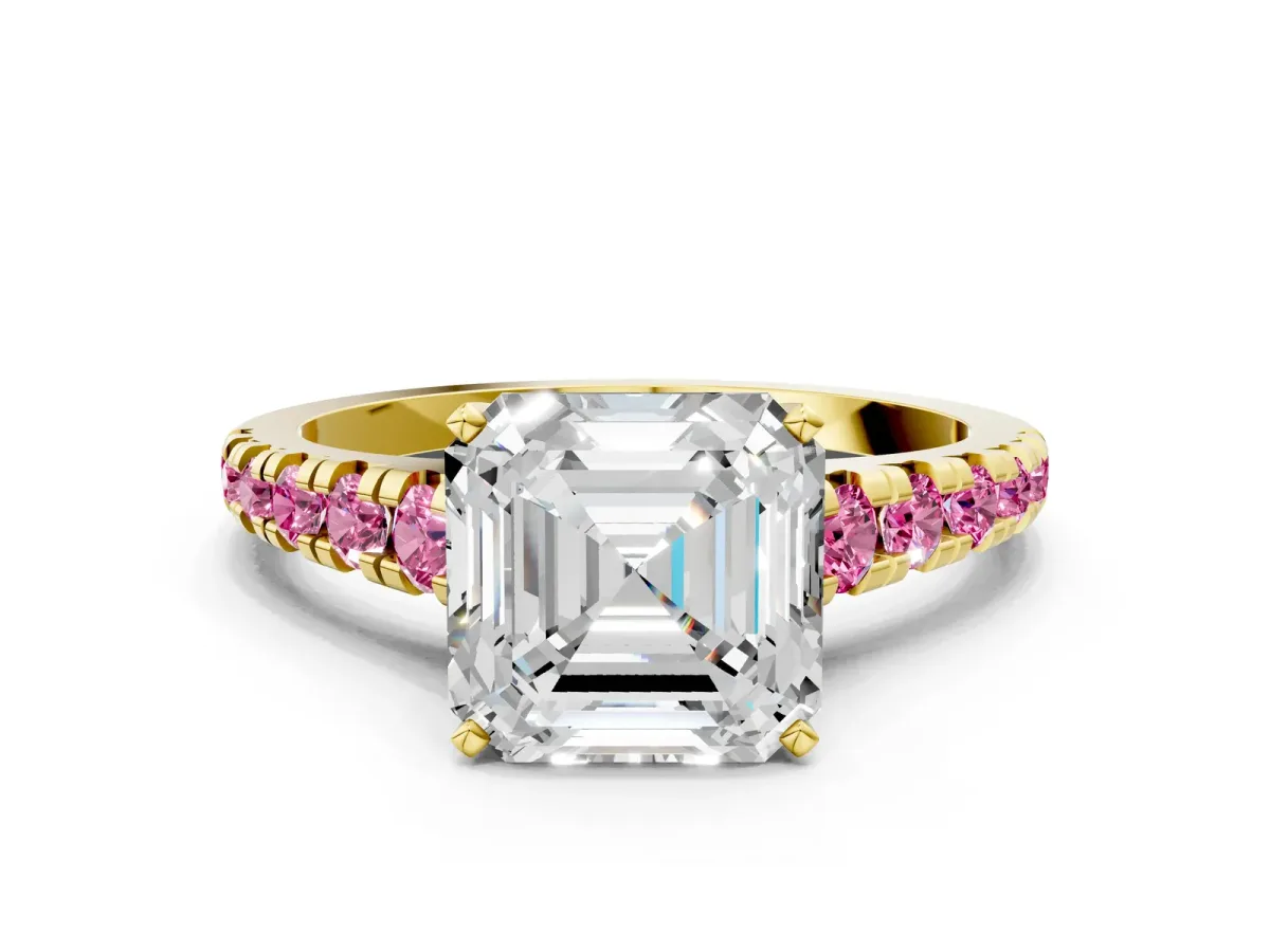 Asscher Cut Diamond Cathedral Solitaire Ring with Round Pink Sapphire Pavé Band Yellow gold