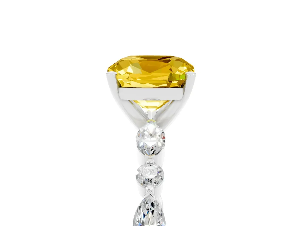 Cushion Cut Yellow Sapphire Ring with Marquise and Round Side Stones and Four-Prong Setting Platinum