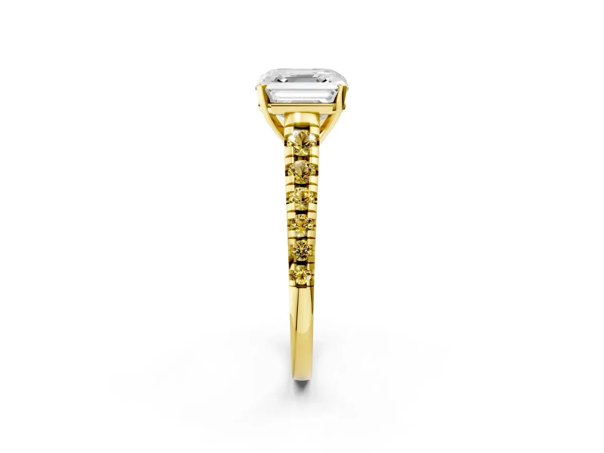Asscher Cut Diamond Cathedral Solitaire Ring with Round Yellow Sapphire Pavé Band Yellow gold