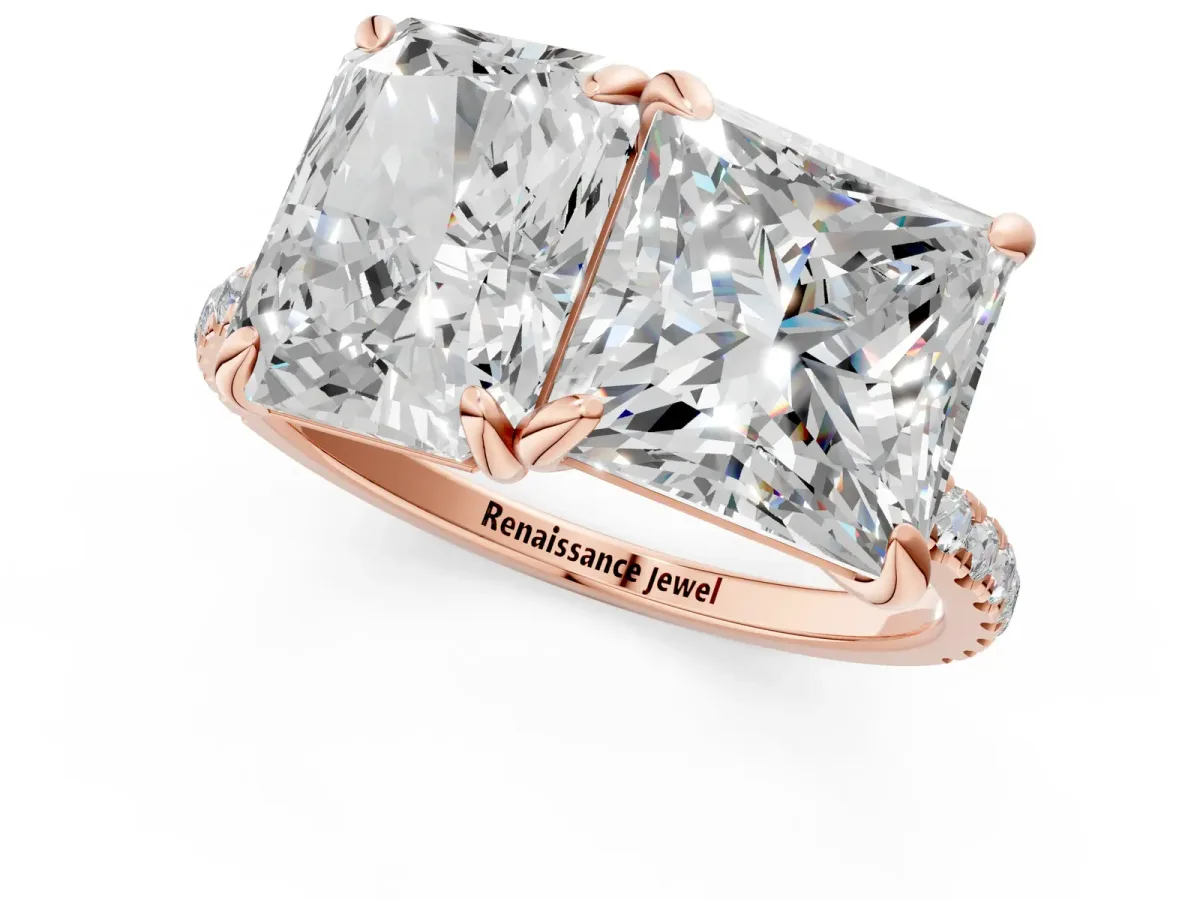 Radiant and Princess Toi Moi Ring with Prong Setting and Pave Band Rose gold
