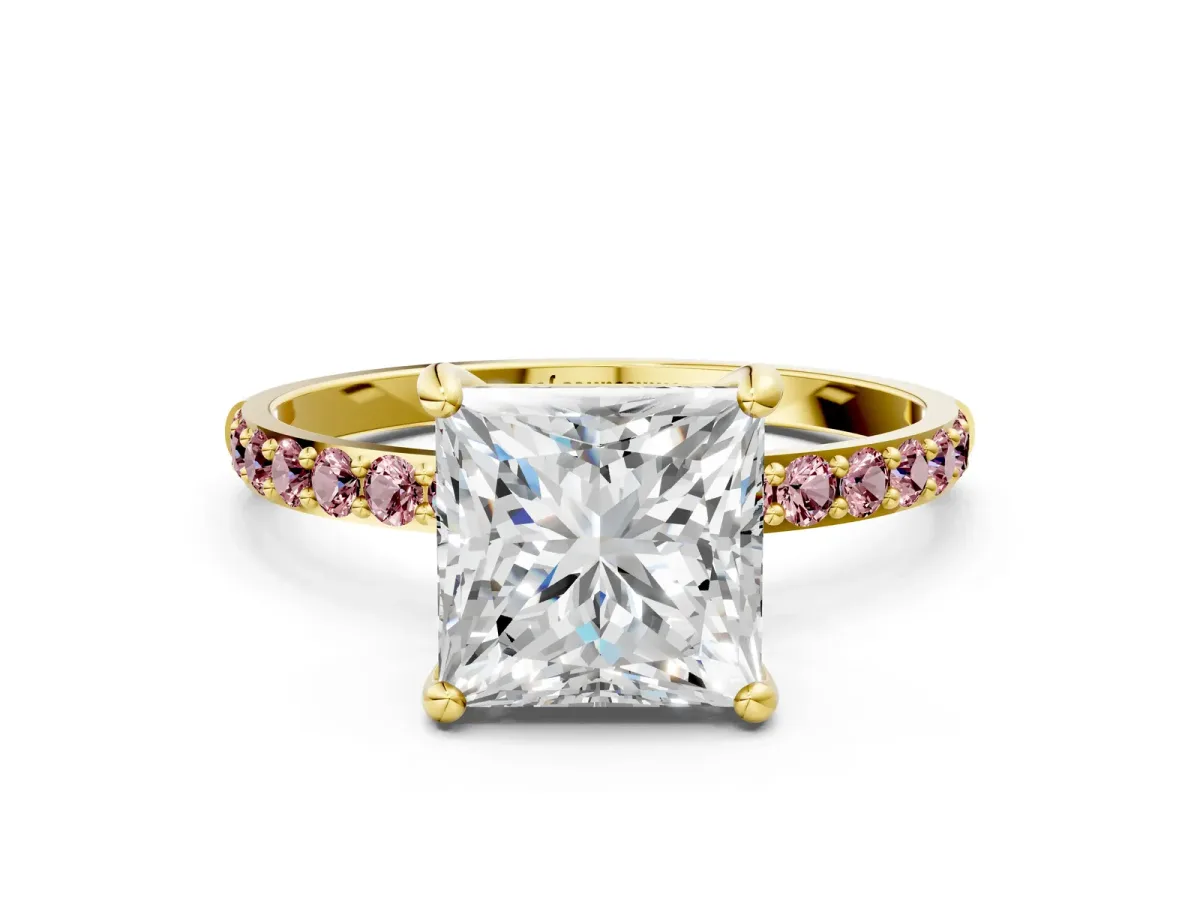 Princess Cut Diamond Solitaire Ring with Round Morganite Pavé Band and Prong Setting Yellow gold