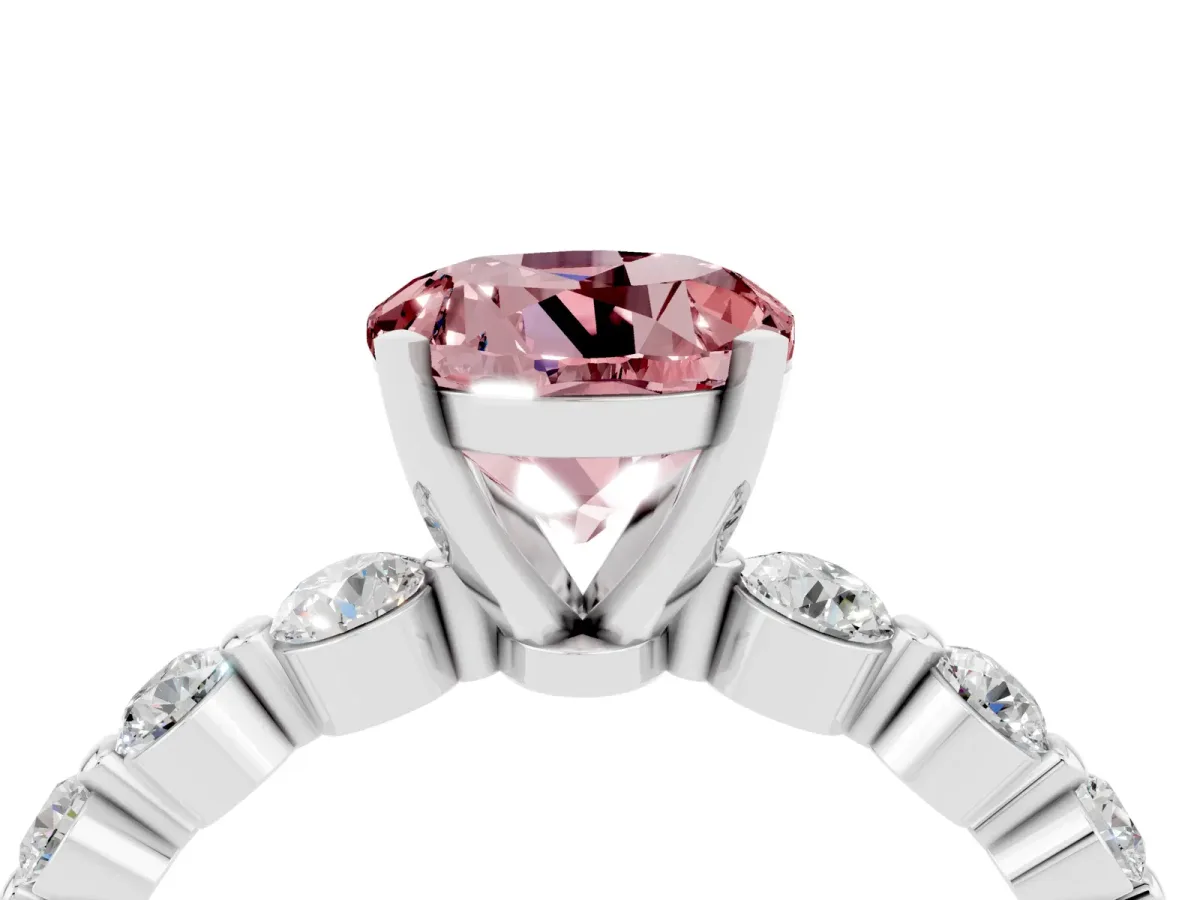 Round Cut Solitaire Morganite Ring with Pave Band and Four-Prong Setting Silver