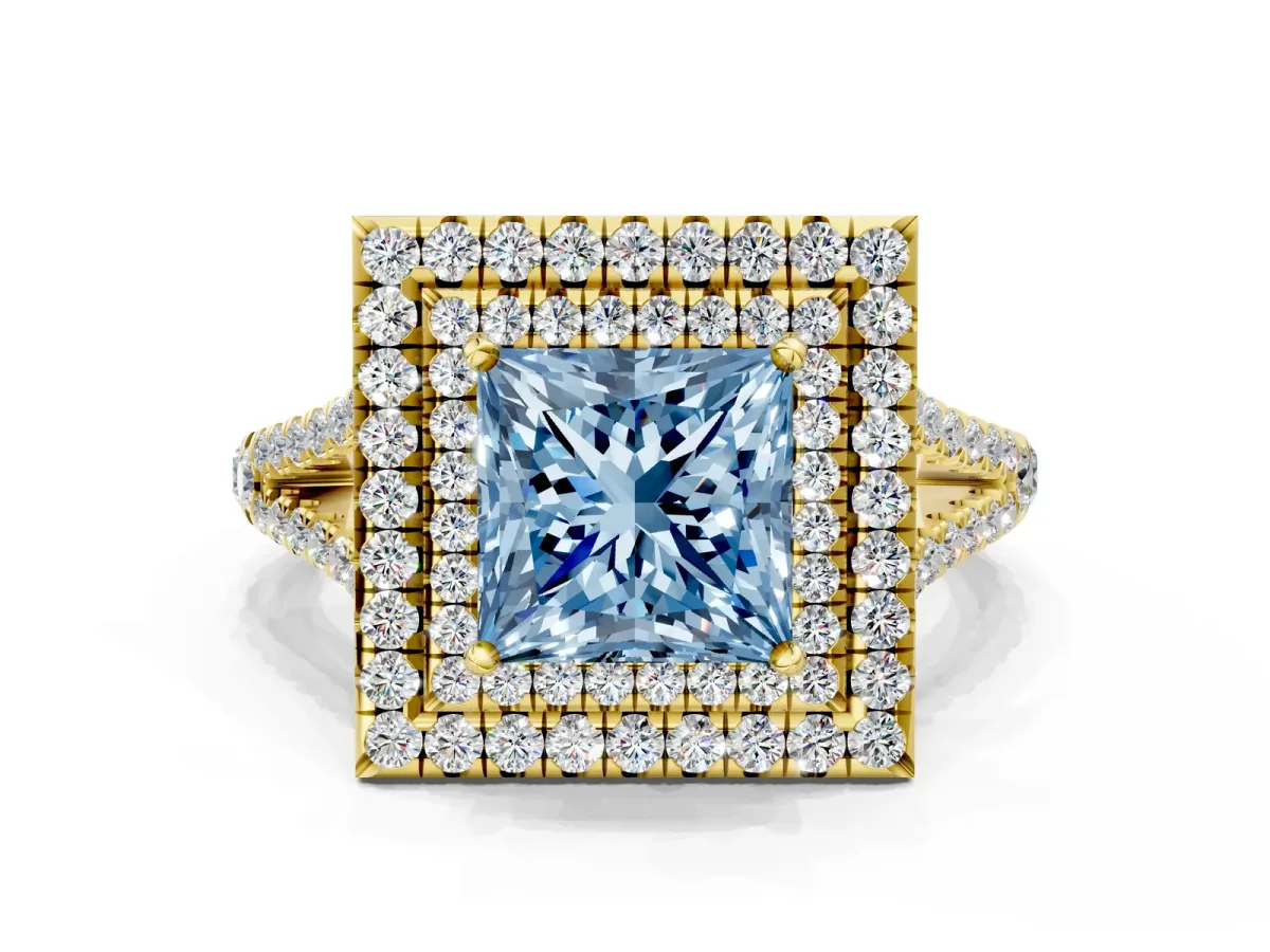 Fancy Blue Princess Cut Diamond Double Halo Ring with Pavé Band and Prong Setting Yellow gold