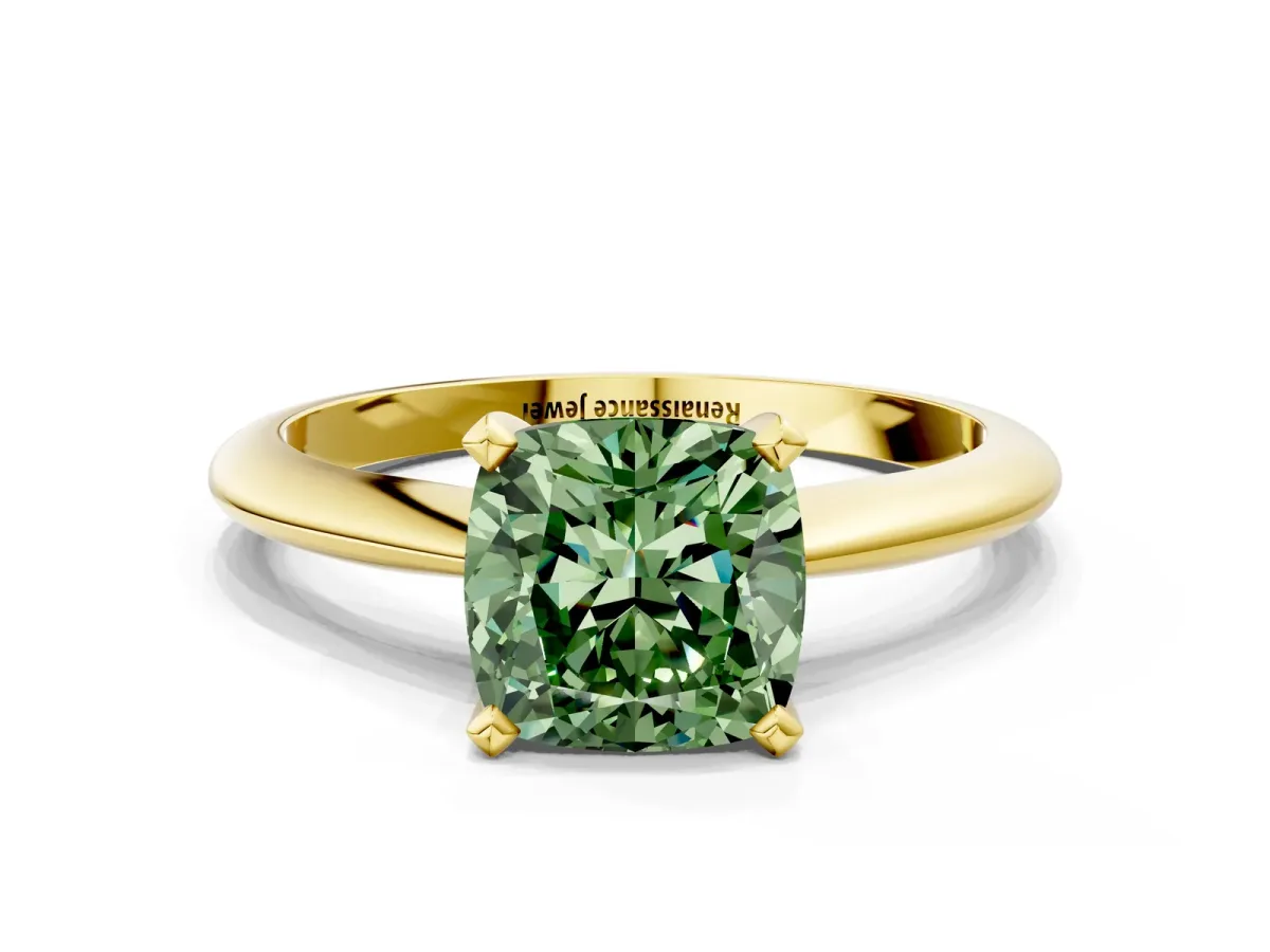 Fancy Green Cushion Cut Diamond Solitaire Engagement Ring with Classic Band and Four-Prong Setting Yellow gold
