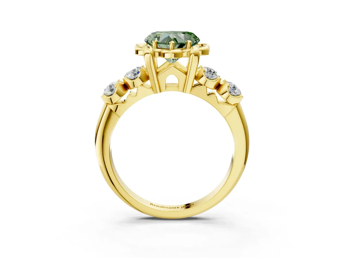 Fancy Green Heart Cut Cut Diamond Floral Halo Engagement Ring with Shared Prong Setting Yellow gold