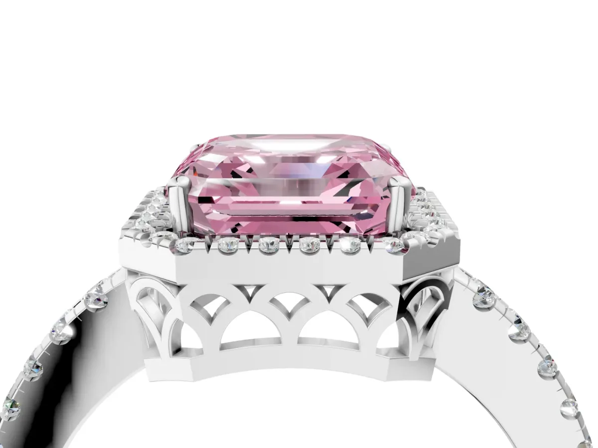 Fancy Pink Asscher Cut Halo Diamond Engagement Ring with Pavé Band and Four-Prong Setting Platinum