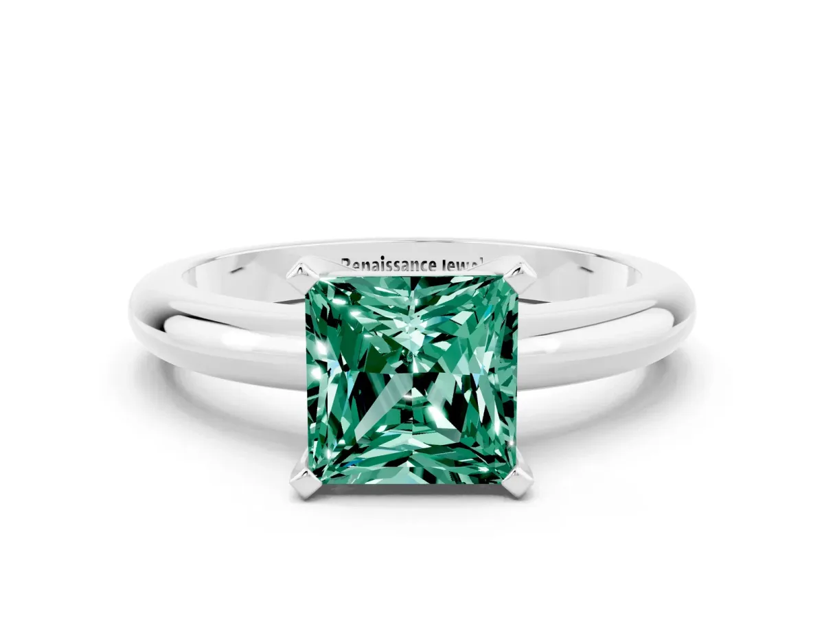 Princess Cut Green Sapphire Solitaire Engagement Ring with Round Band and Four-Prong Setting Platinum