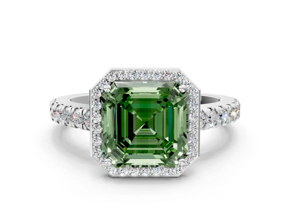 Fancy Green Asscher Cut Cut Halo Diamond Engagement Ring with Pave Band and Four-Prong Setting Platinum